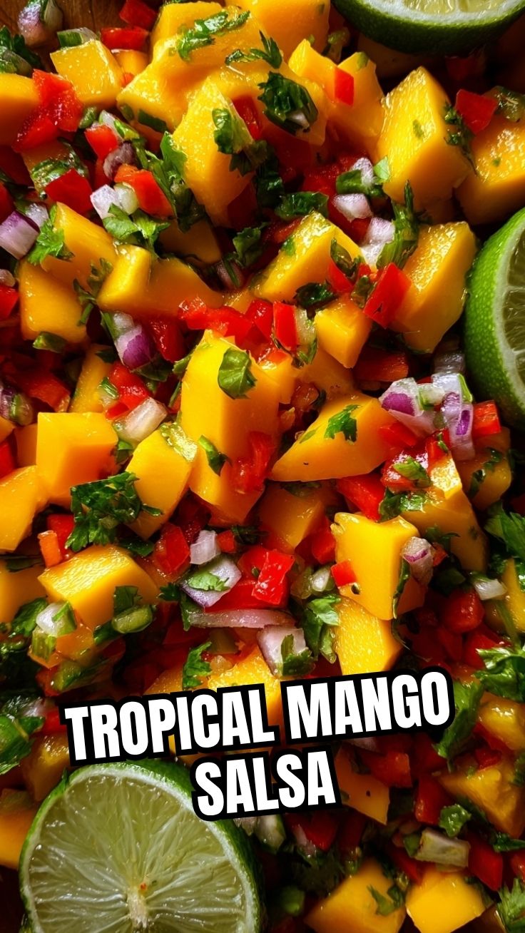 A vibrant bowl of fresh mango salsa with red onion and cilantro.