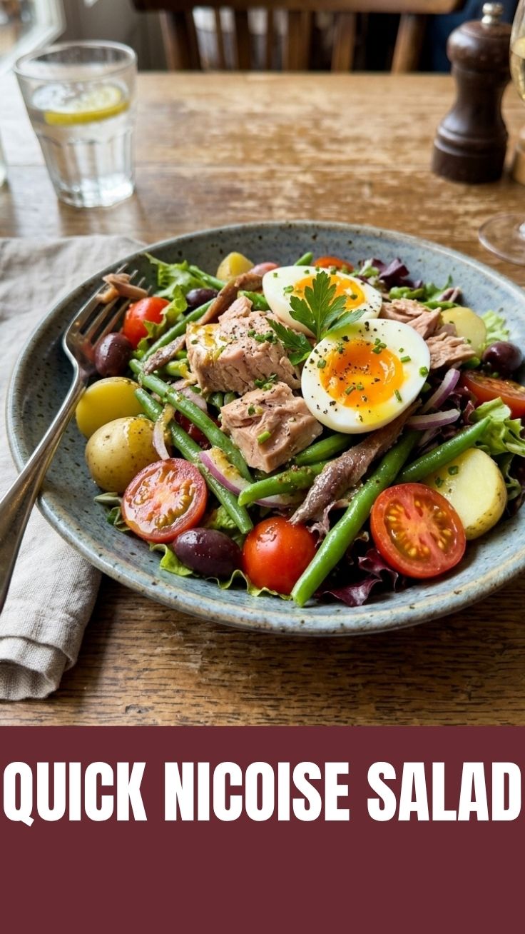 A fresh Nicoise salad with tuna, olives, green beans, and hard-boiled eggs