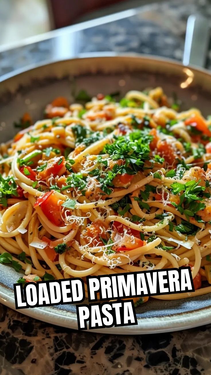 A colorful bowl of fresh Pasta Primavera with assorted vegetables