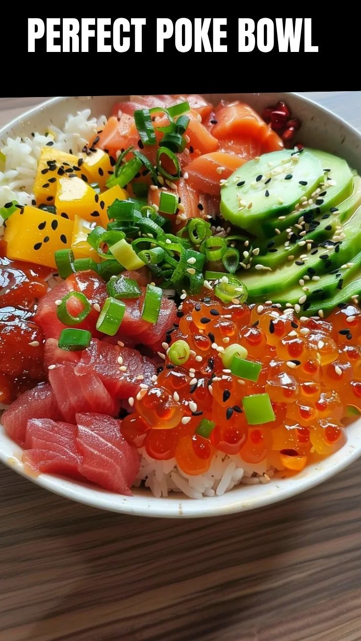 A vibrant poke bowl filled with fresh ingredients like salmon, avocado, and rice.