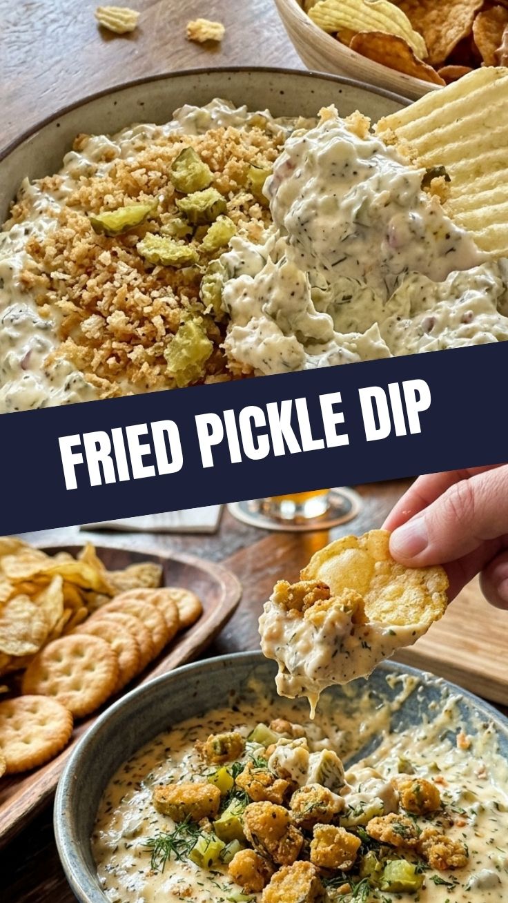 A bowl of creamy fried pickle dip, garnished with fresh dill and fried pickle pieces.
