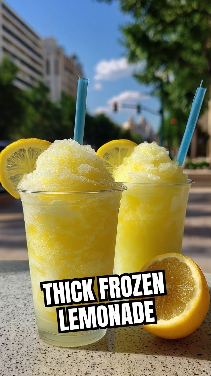 A tall glass of frozen lemonade with a lemon slice garnish