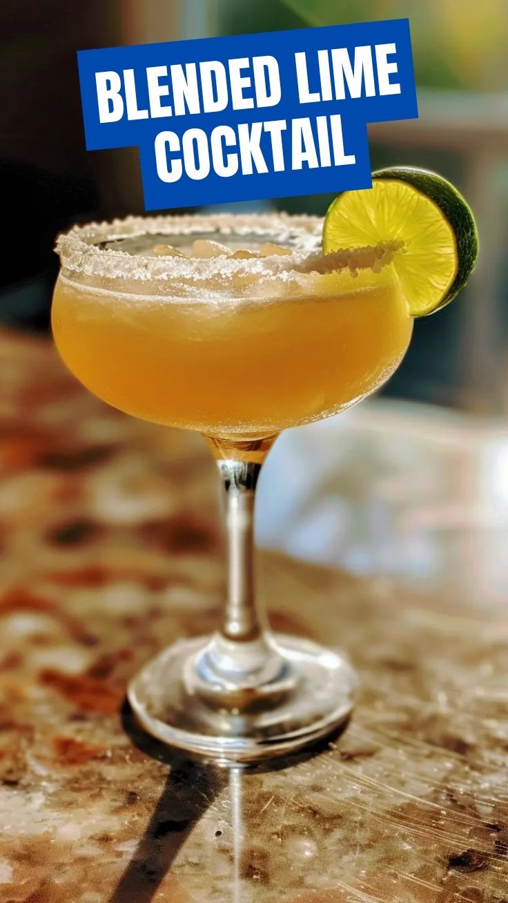 A refreshing frozen margarita in a salt-rimmed glass, garnished with a lime slice.