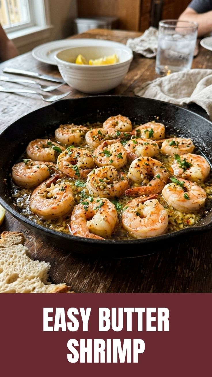 A serving of delicious garlic butter shrimp in a pan.
