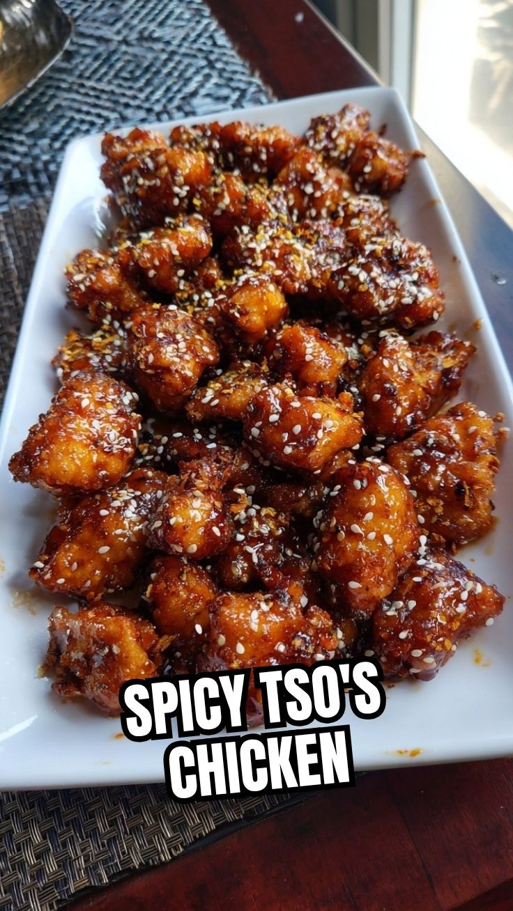 A serving of General Tso's Chicken coated in a rich, sweet, and spicy sauce, garnished with scallions.