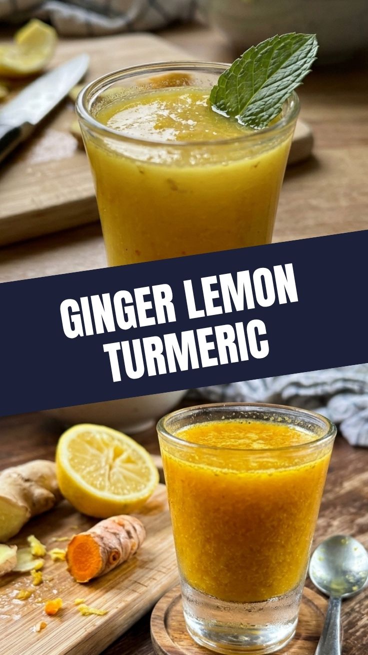 A vibrant ginger lemon turmeric shot in a small glass