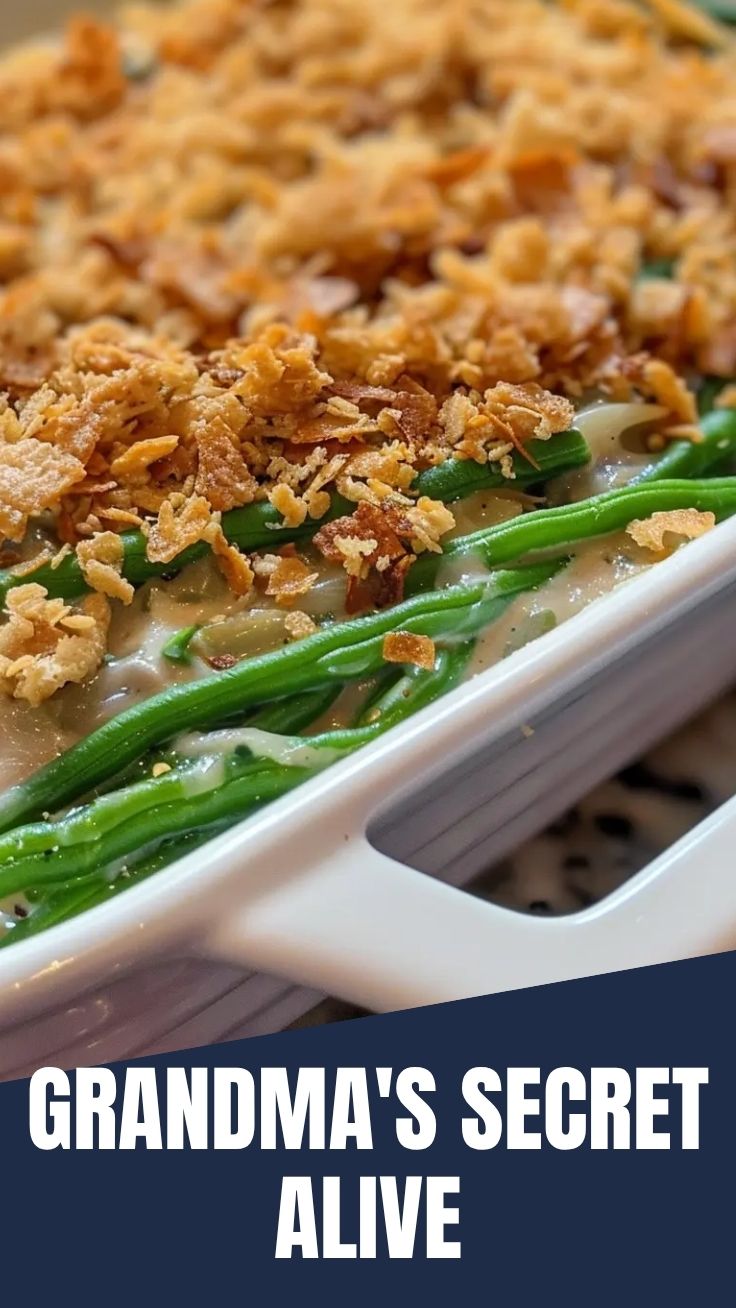 A savory green bean casserole topped with crispy fried onions on a white dish