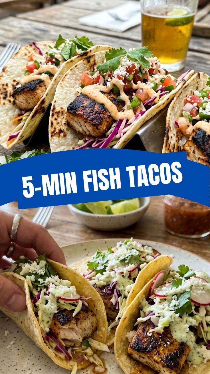 Three grilled fish tacos with vibrant toppings on a platter