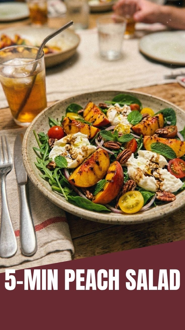 A vibrant grilled peach salad with mixed greens and feta cheese.