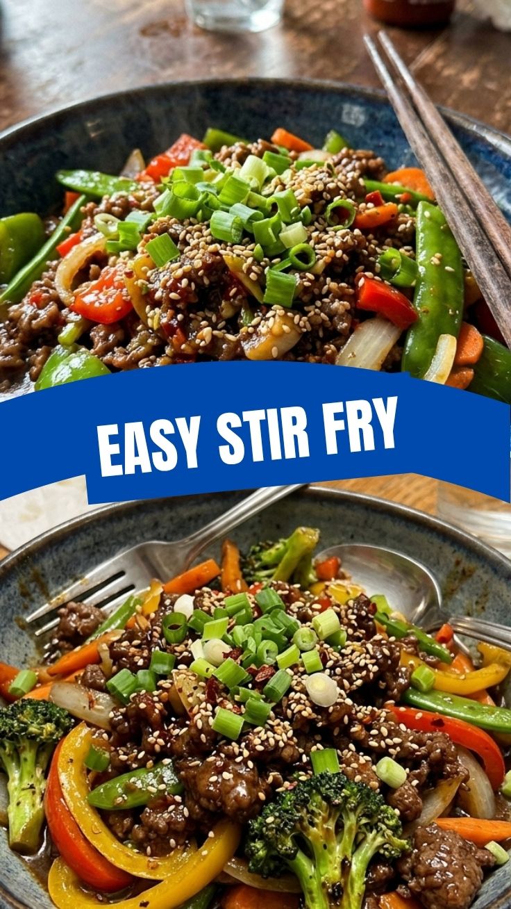 A vibrant ground beef stir fry dish in a serving bowl, garnished with fresh herbs.