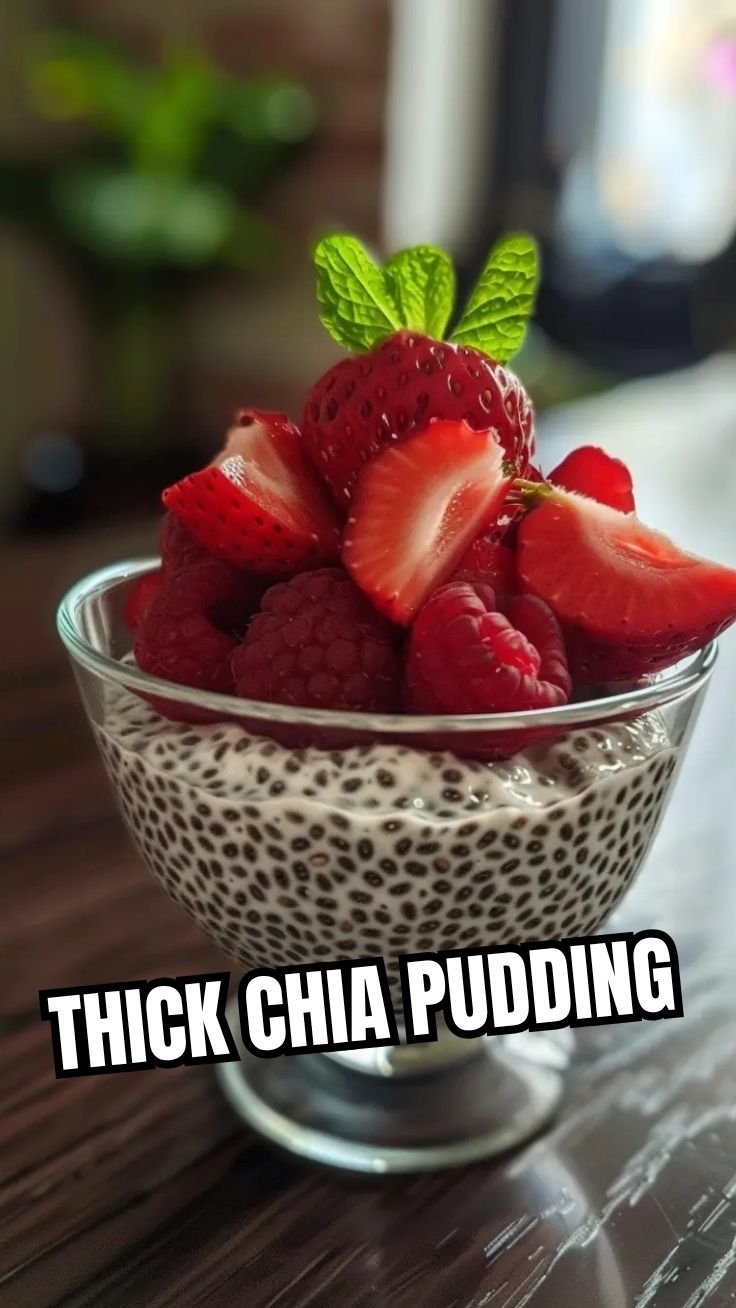A bowl of healthy chia pudding, topped with fresh berries and nuts.