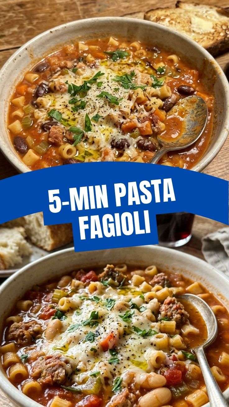 A steaming bowl of hearty pasta fagioli filled with pasta, beans, and vegetables.