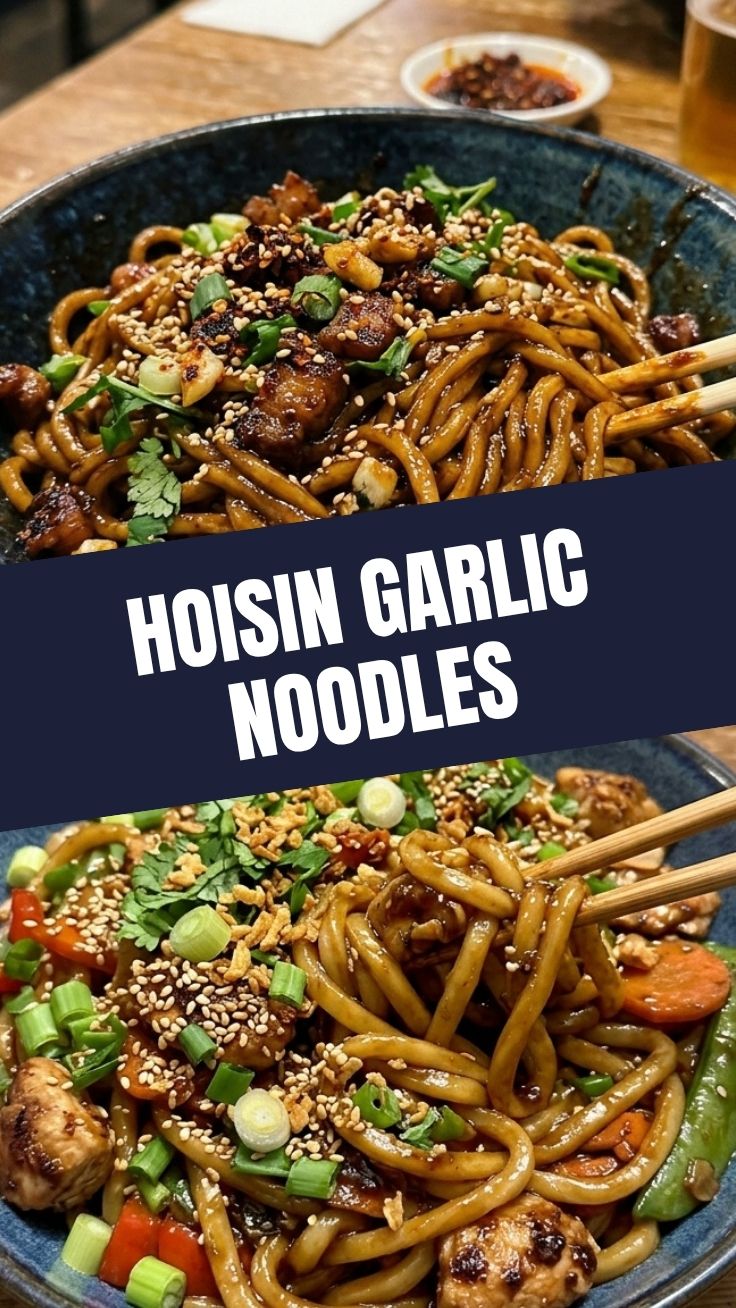 Close-up of hoisin garlic noodles in a ceramic bowl, garnished with green onions and sesame seeds.