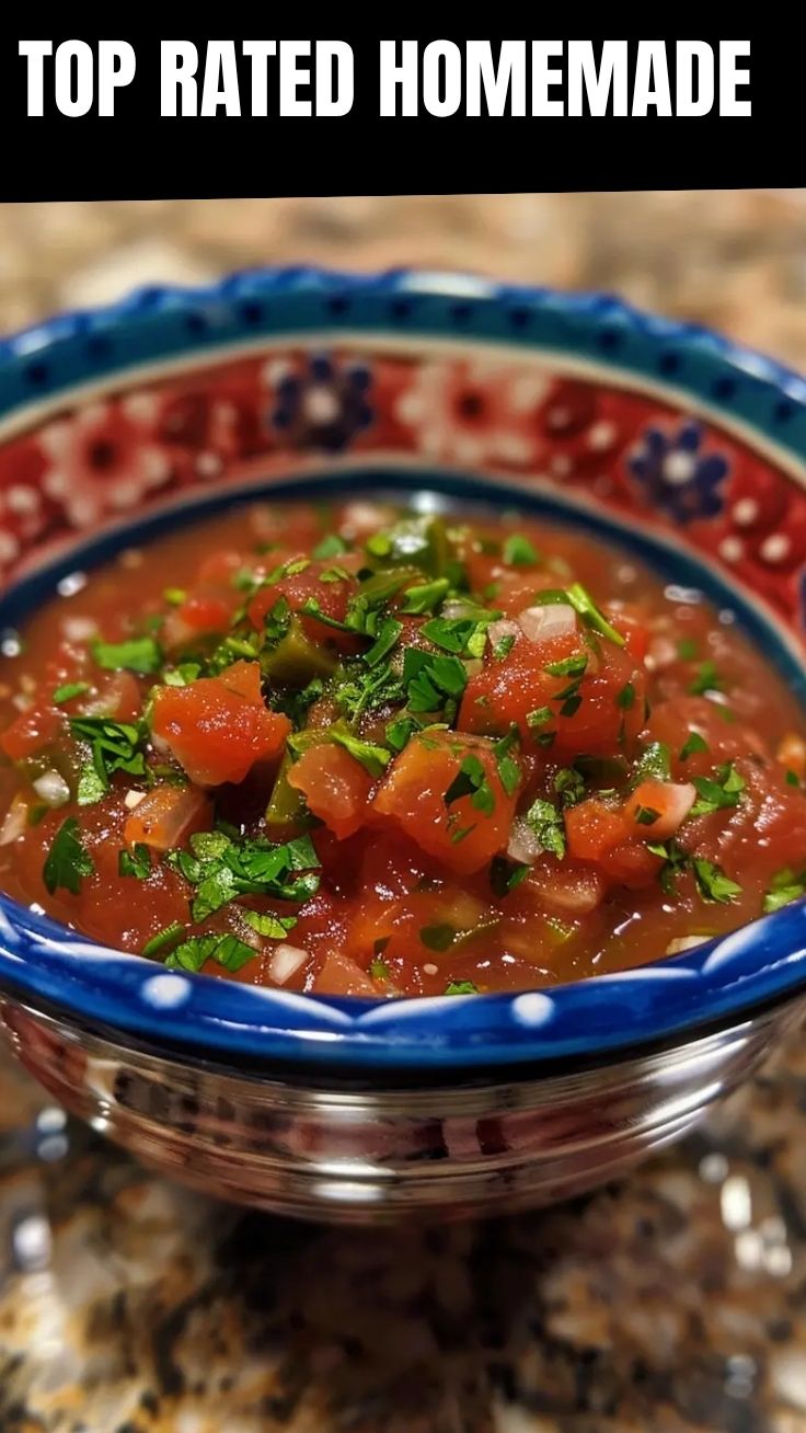 A bowl of vibrant homemade salsa, freshly prepared with ripe tomatoes and herbs.