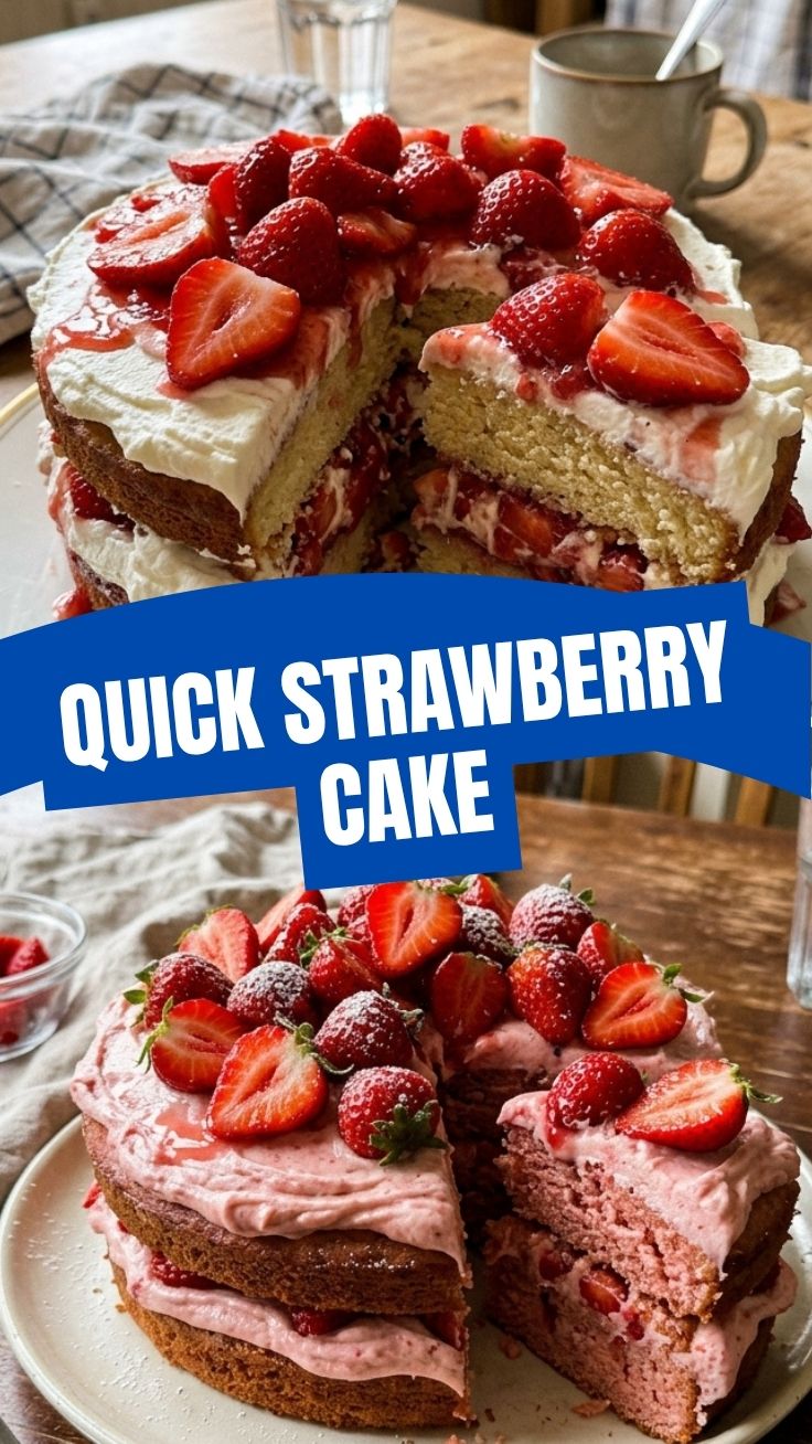 A homemade strawberry cake, freshly baked and decorated.