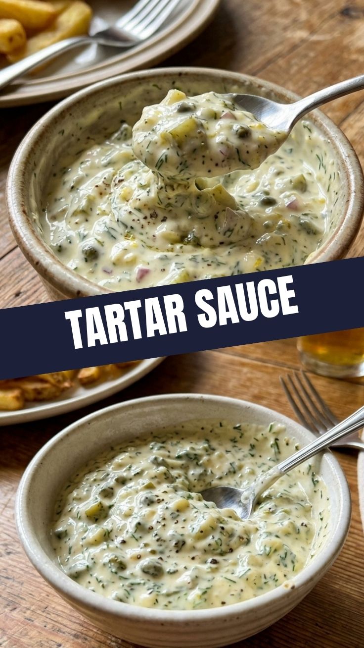 A close-up of a bowl of creamy homemade tartar sauce garnished with fresh dill.
