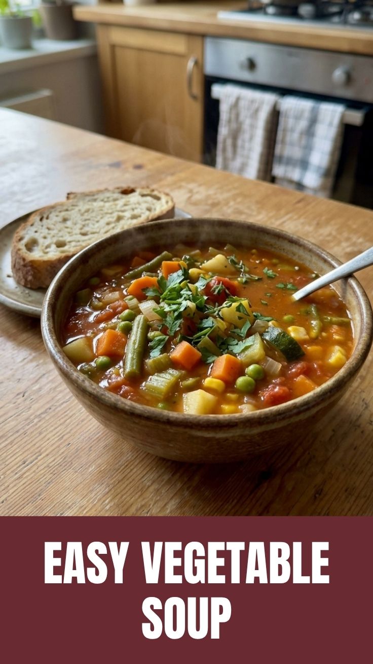 A steaming bowl of homemade vegetable soup with fresh ingredients.
