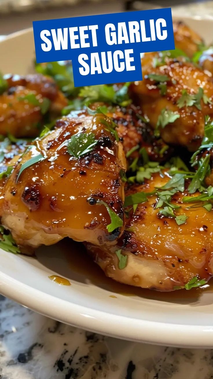 A close-up of beautifully glazed honey garlic chicken pieces, garnished with fresh herbs.
