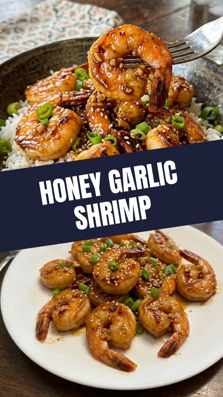 Plate of perfectly glazed honey garlic shrimp, garnishes not visible but implied.