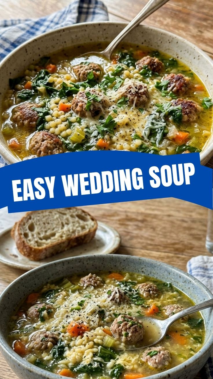 A bowl of delicious Italian Wedding Soup with small meatballs and greens
