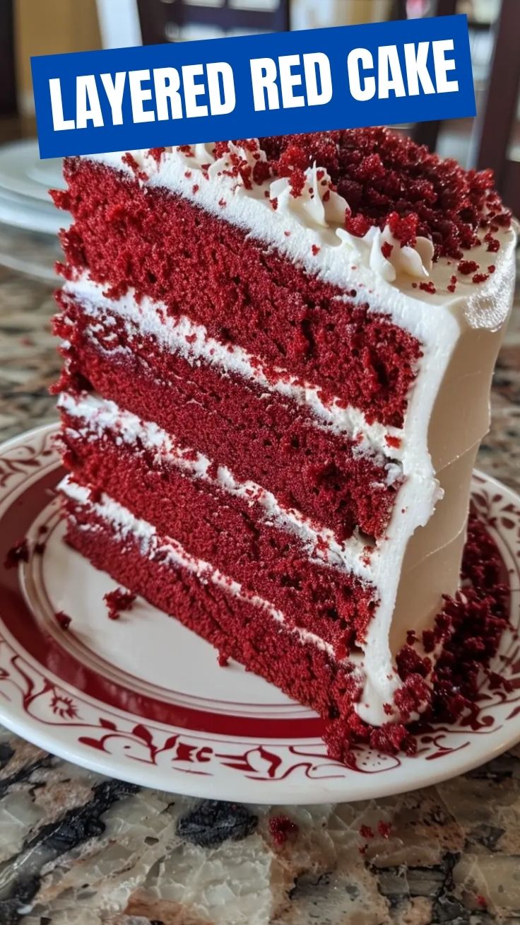 A vibrant Juneteenth Red Velvet Cake topped with cream cheese frosting