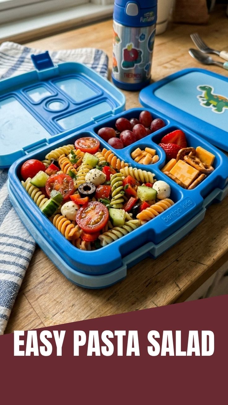 A colorful lunchbox pasta salad, perfect for kids' meals.
