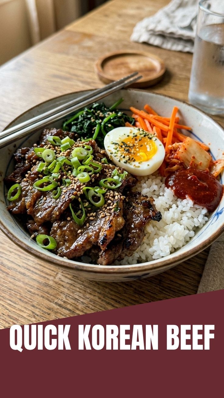 A vibrant Korean beef bowl with rice and vegetables