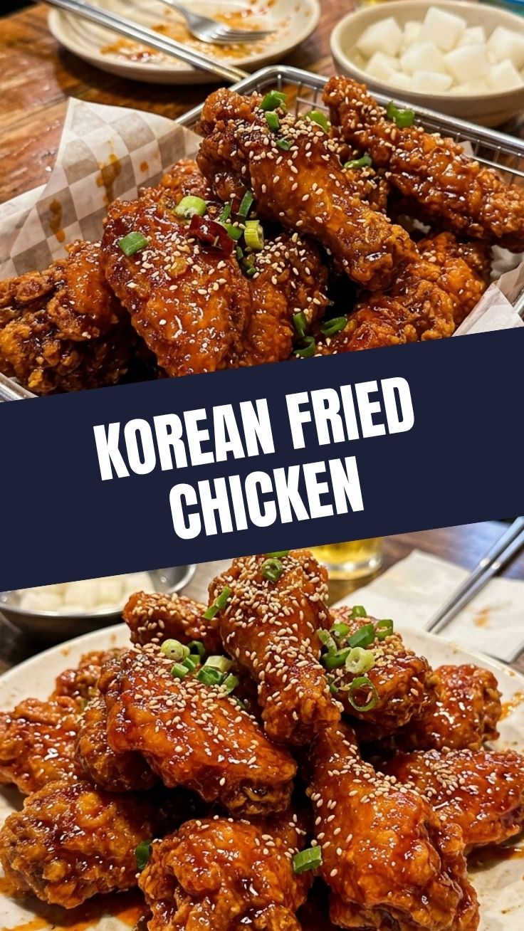 A plate of crispy, golden-brown Korean Fried Chicken with gochujang glaze