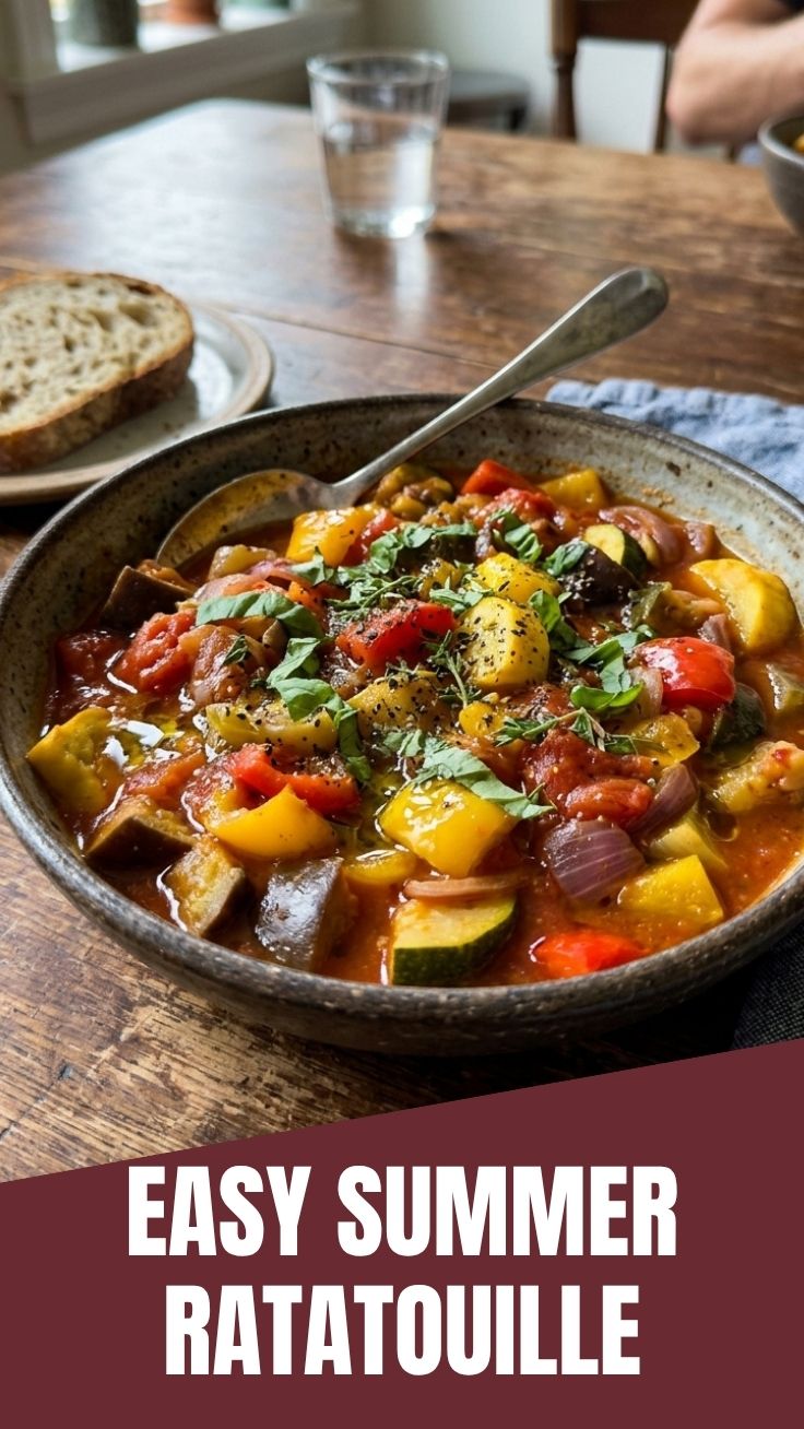 A vibrant late summer ratatouille, beautifully layered and showcasing fresh vegetables.