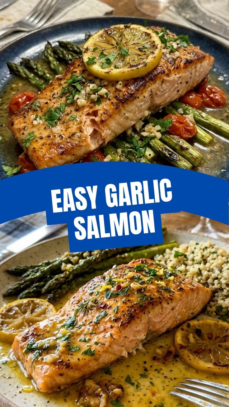 A perfectly cooked piece of lemon garlic salmon, flaky and golden-brown.