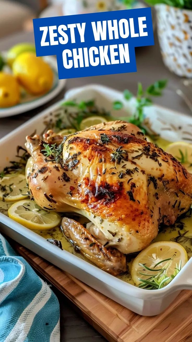 A whole roasted chicken generously seasoned with lemon and herbs