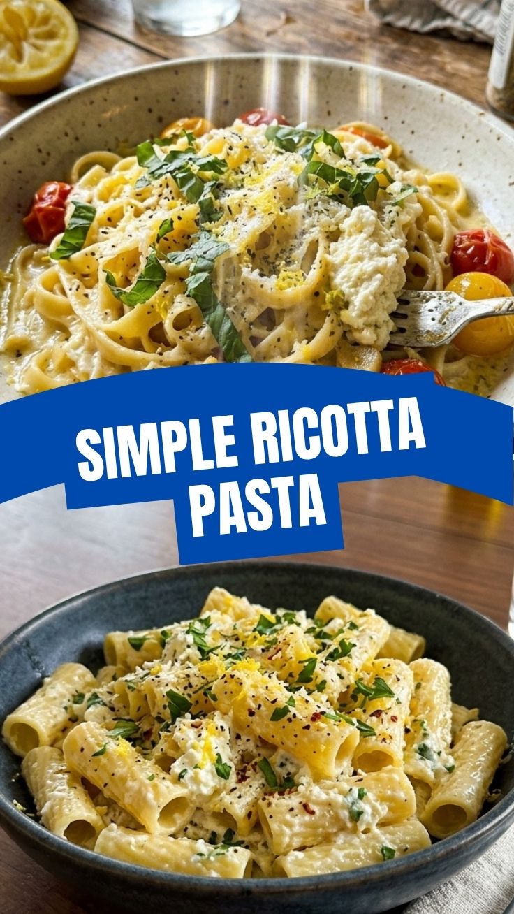 A bowl of creamy lemon ricotta pasta with fresh herbs.
