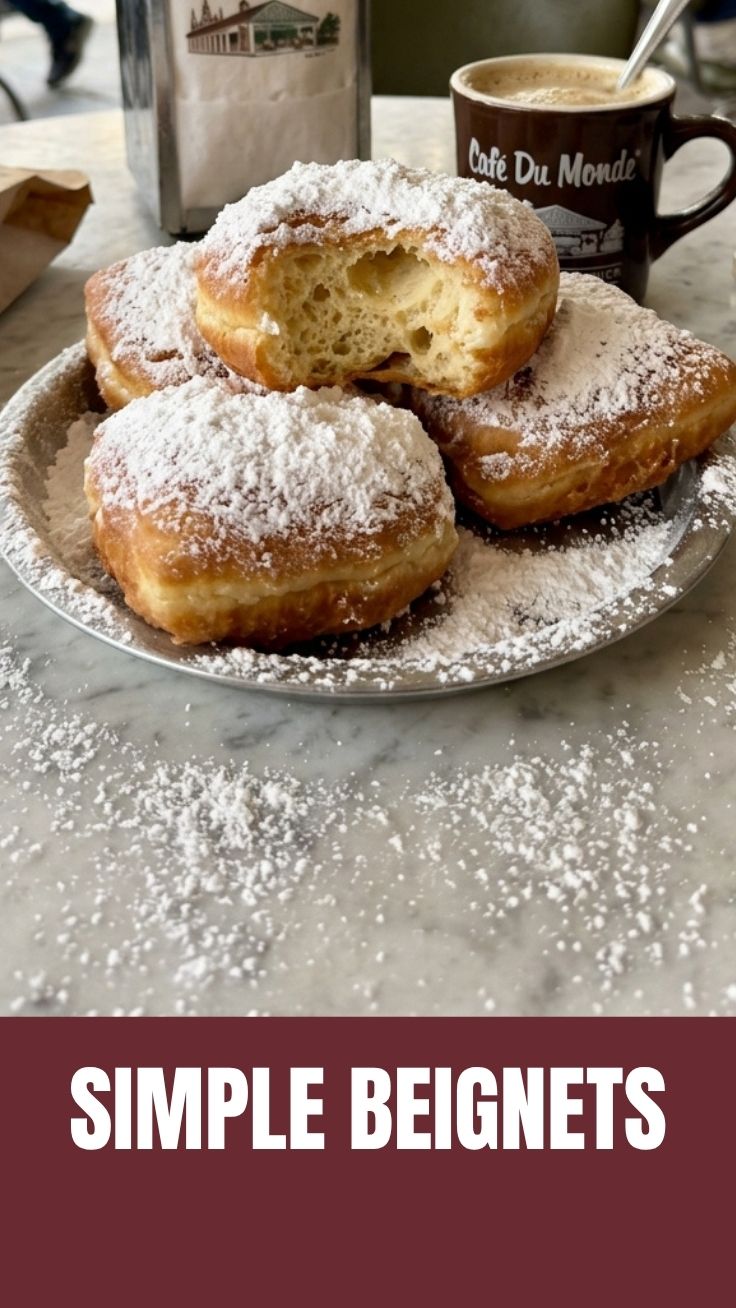 A plate of fluffy, powdered sugar-dusted New Orleans style beignets.