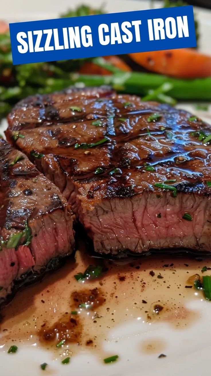 A perfectly pan-seared ribeye steak with a golden-brown crust and pink interior, garnished with fresh herbs.