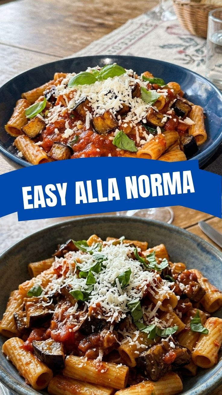 A vibrant bowl of Pasta alla Norma featuring tender eggplant, rich tomato sauce, and grated ricotta salata.