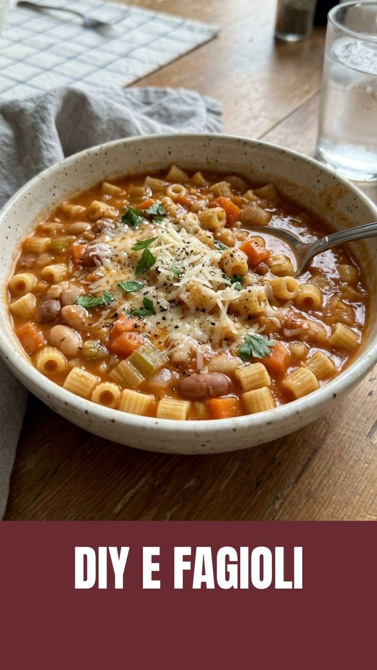 A steaming bowl of traditional Pasta e Fagioli with ditalini pasta and beans