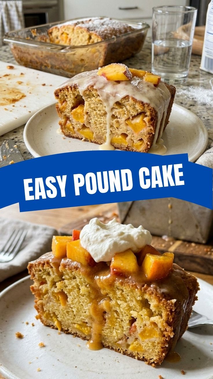 A freshly baked peach pound cake sliced on a serving platter.