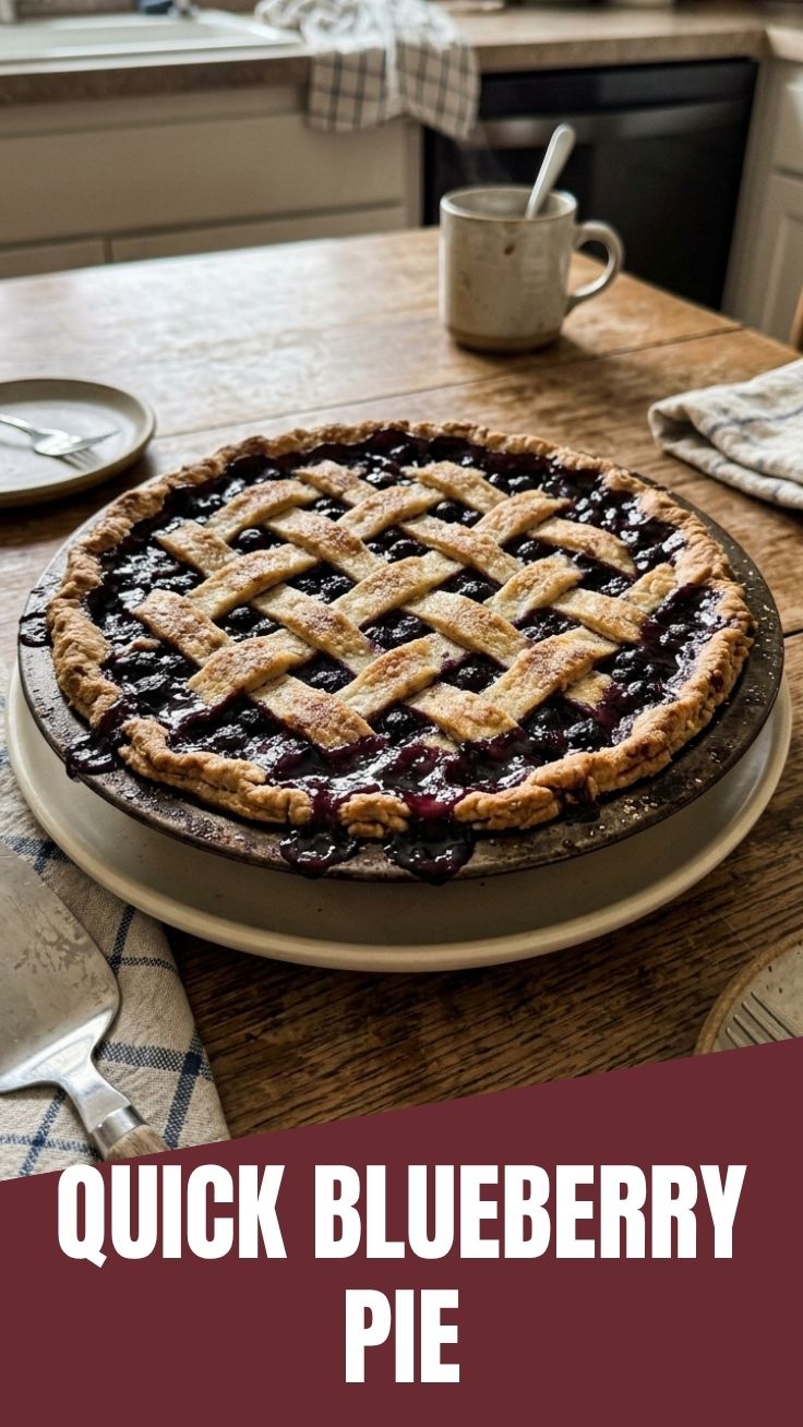 A freshly baked blueberry pie with a lattice top crust