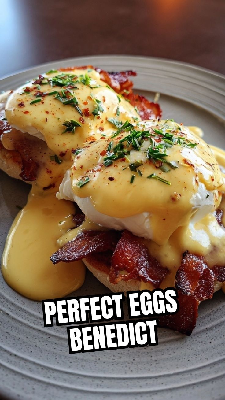 A perfectly plated Eggs Benedict with hollandaise sauce, poached eggs, and ham on an English muffin.