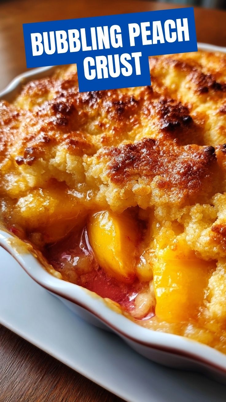 A cozy, warm peach cobbler generously topped with golden crust.