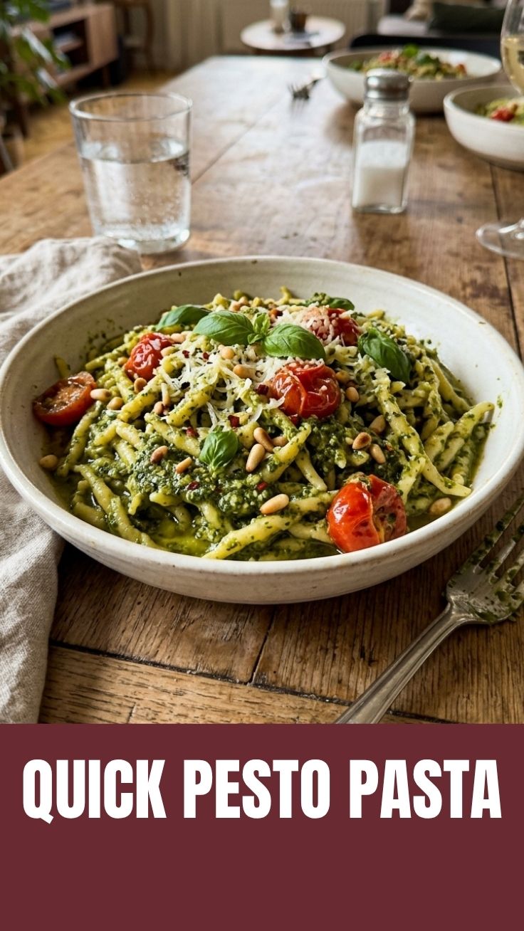 A vibrant bowl of pesto pasta garnished with fresh basil leaves