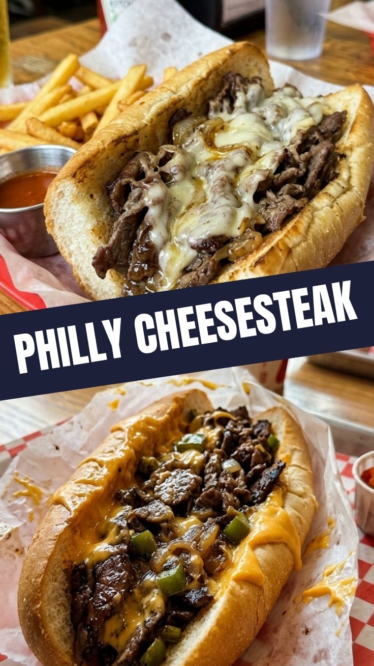 A delicious Philly Cheesesteak sandwich, brimming with steak and cheese