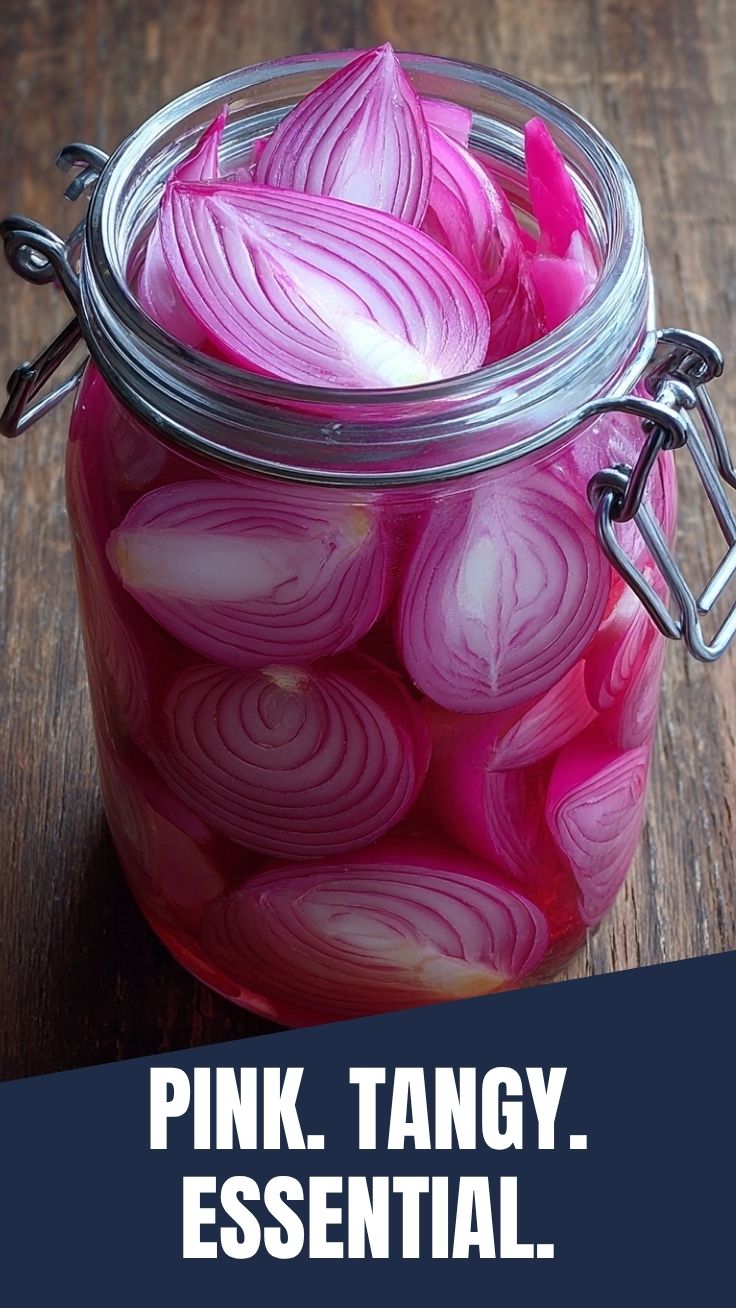 Vibrant pickled red onions in a clear glass jar.