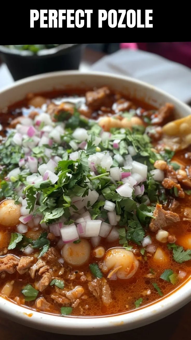 A steaming bowl of traditional pozole soup garnished with radish and lime.