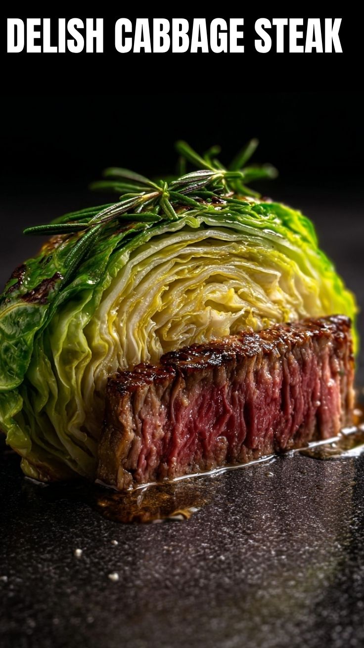 A beautifully roasted cabbage steak with golden-brown edges on a cutting board