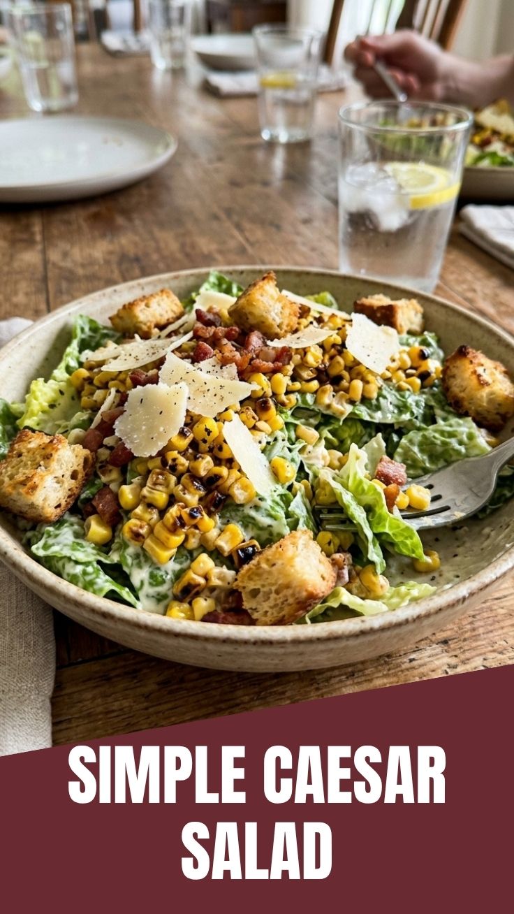 A vibrant Roasted Corn Caesar Salad with fresh greens and croutons.