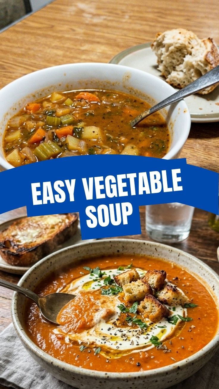 A steaming bowl of roasted vegetable soup, garnished with fresh herbs.