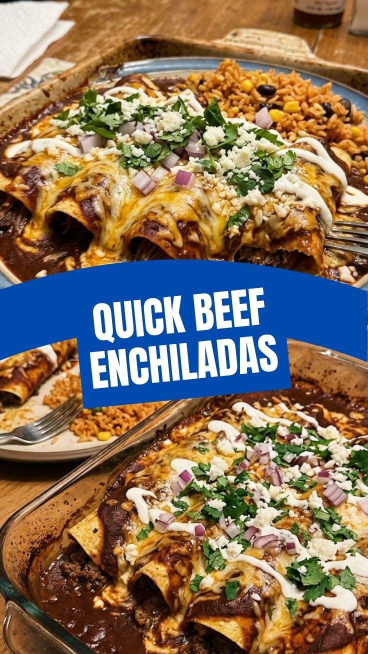 A plate of delicious beef enchiladas covered in red sauce and cheese