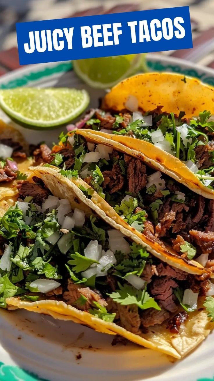 Close-up of three delicious beef tacos with fresh toppings