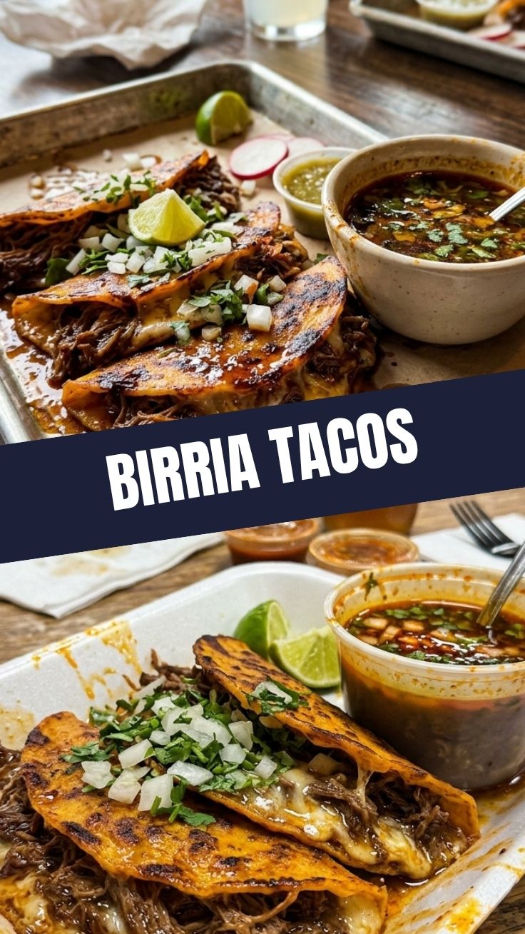 Plate of savory Birria tacos with rich consommé